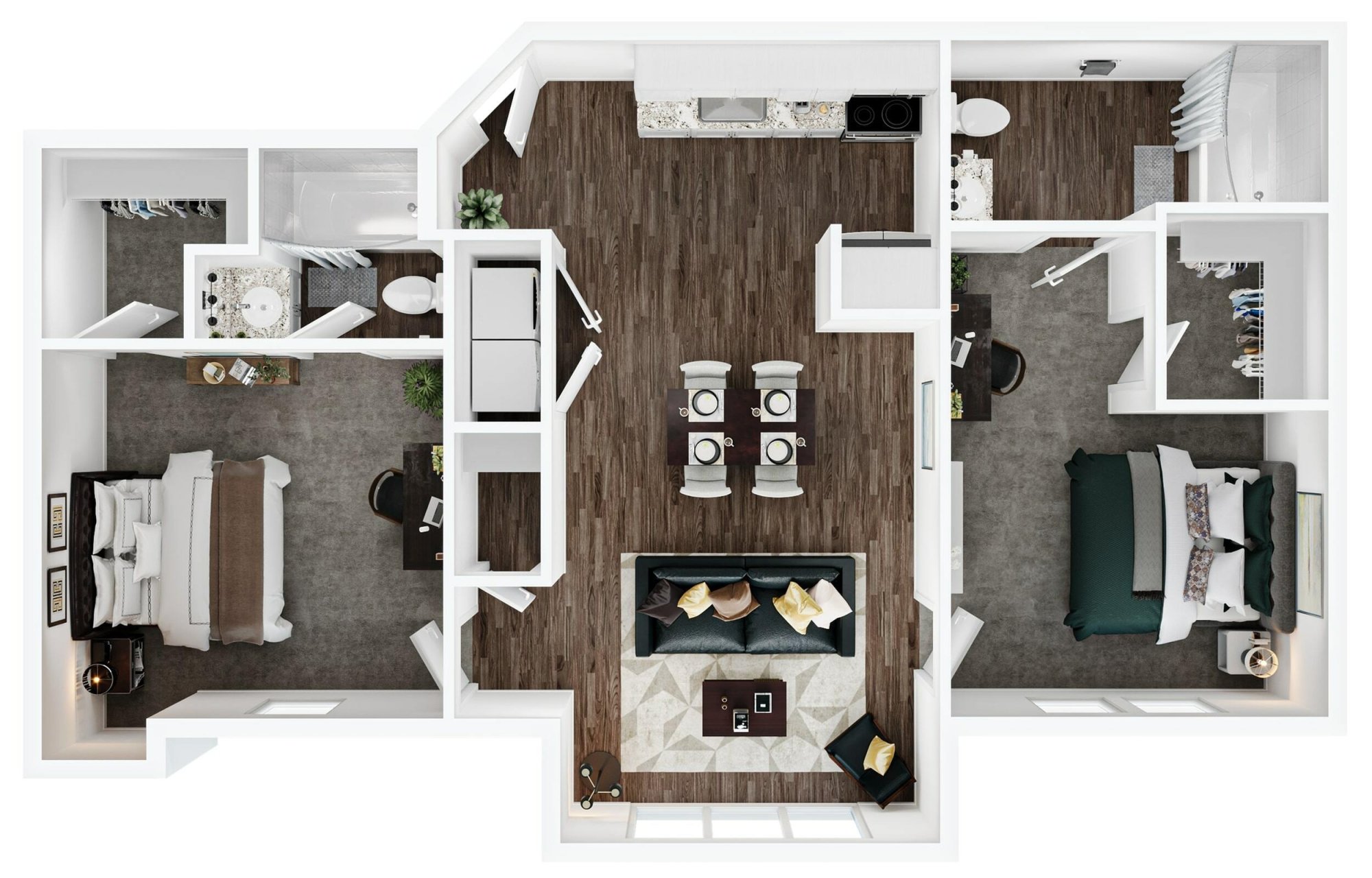 A 3D image of the 2BR/2BA floorplan, a 954 squarefoot, 2 bed / 2 bath unit