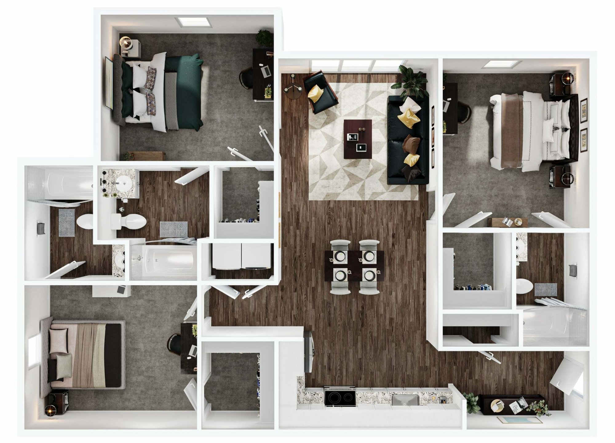 A 3D image of the 3BR/3BA – Deluxe floorplan, a 1390 squarefoot, 3 bed / 3 bath unit
